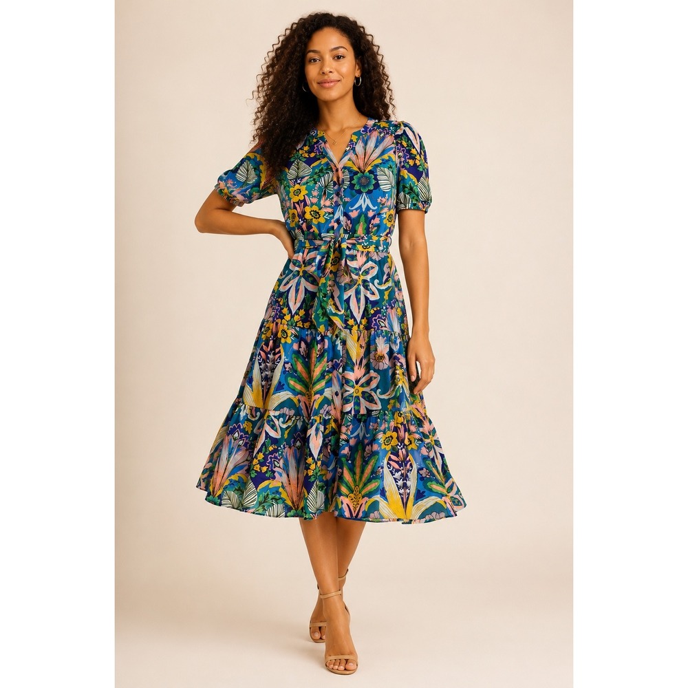 Nanette Lepore Studio Womens XXXL Tropical Floral Tiered Midi‎ Dress Puff Sleeve